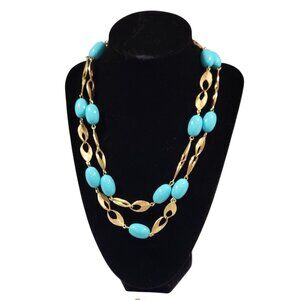 Vintage Gold-Tone & Turquoise Beaded Necklace With Matching Clip-On Earrings Set